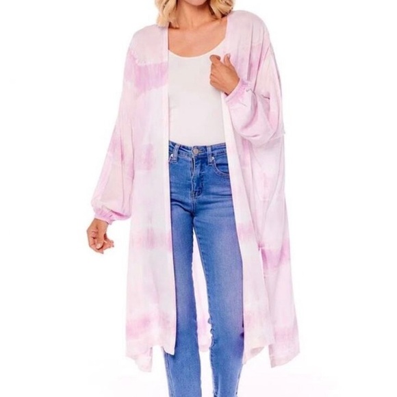 🩷🤍Mud Pie Kimono Duster Tuscany Pink White Tie Dye Balloon Long Sleeve🤍🩷 - Picture 1 of 6